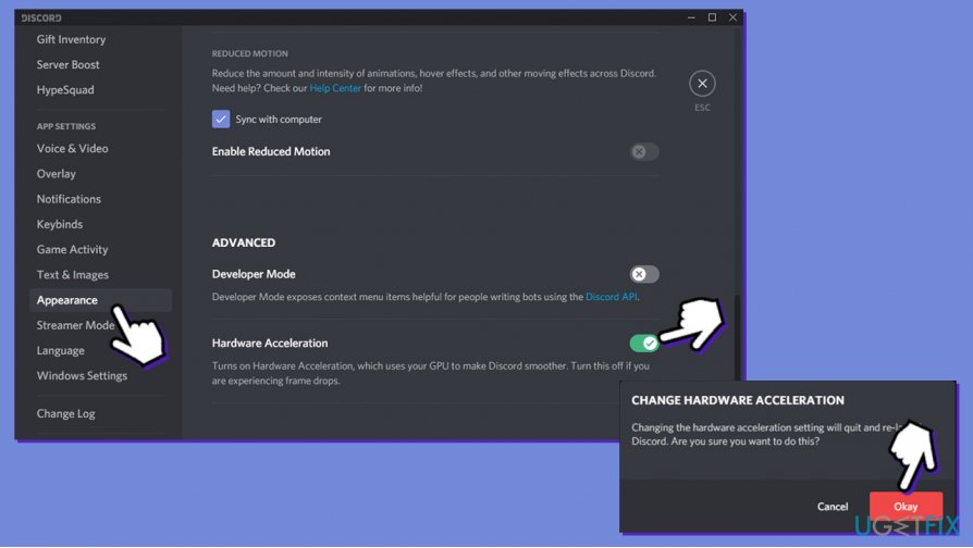 Enable or Disable the Hardware Acceleration in discord setting