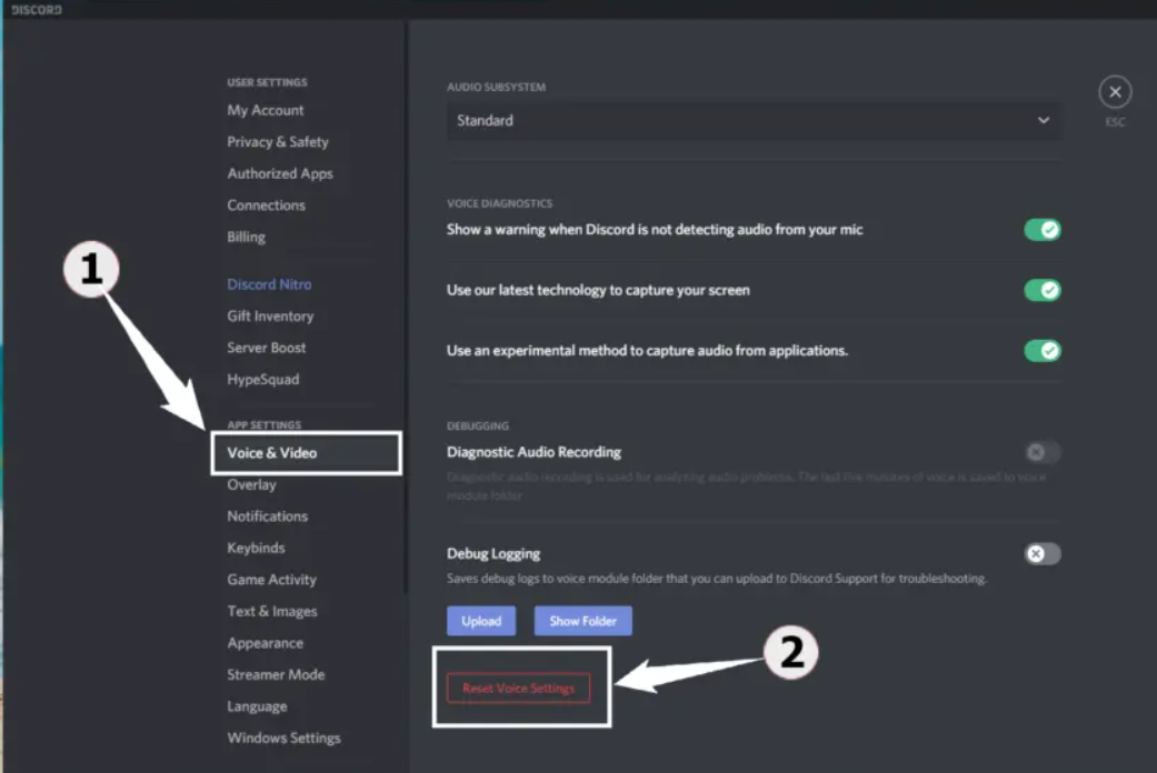 Discord screen share no audio Reset Discord voice settings