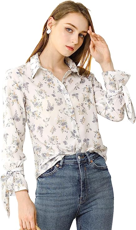 Allegra K Women's Button Down Floral Shirt Long Sleeves Point Collar Top
