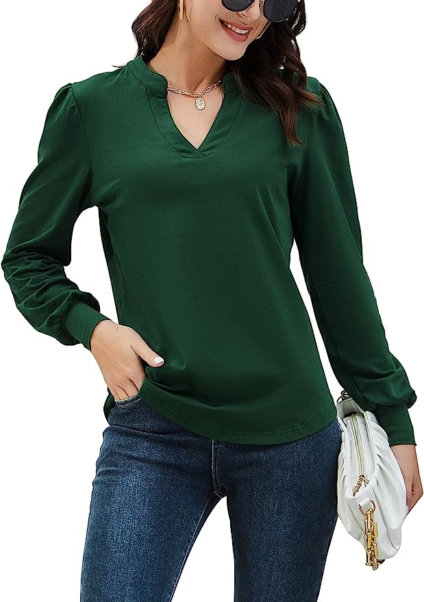HOCOSIT Women Casual V-neck Lantern Puff Long-Sleeve Tops Loose Tunic Classic Blouse T-Shirts