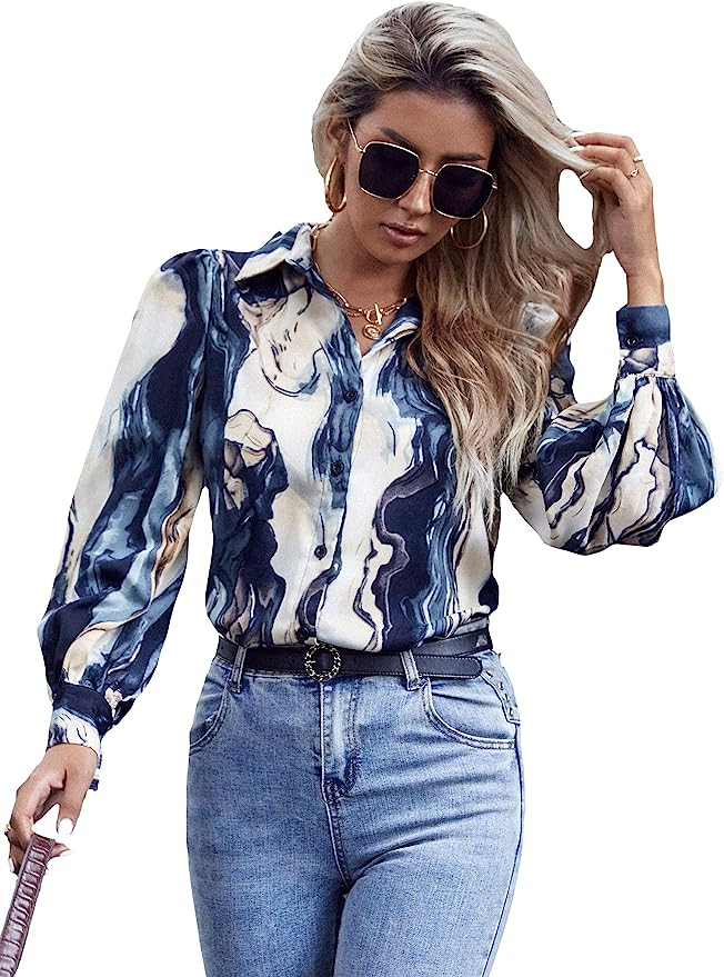 SOLY HUX Women's Casual Button Down Long Sleeve Shirts Marble Print Blouse Tops