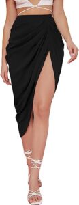 WDIRARA Women's Split Thigh Front Satin High Waist Ruched Zip Back Bodycon Midi Skirt