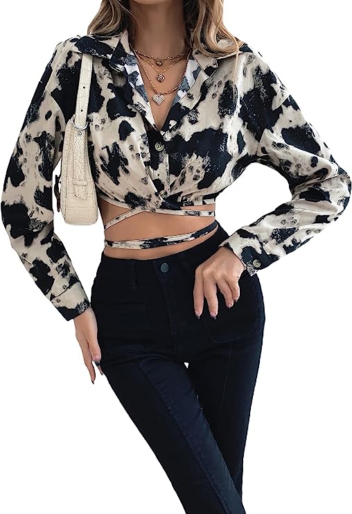 WDIRARA Women's Tie Dye V Neck Long Sleeve Crop Top Tie Back Button Front Collared Blouse