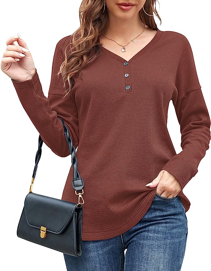 WNEEDU Womens Waffle Knit Tunic Tops Loose Long Sleeve Button Up V Neck Henley
