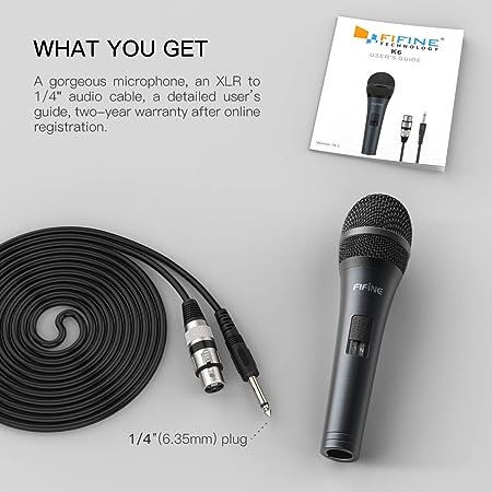 FIFINE TECHNOLOGY Karaoke Microphone,Fifine Dynamic Vocal Microphone for Speaker,Wired Handheld Mic with On/Off Switch and14.8ft Detachable Cable.(K6)