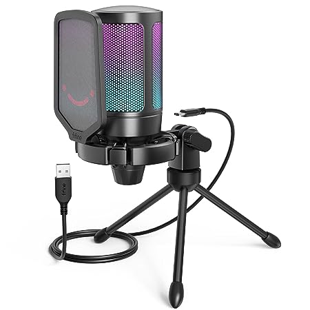 Gaming USB Microphone for PC PS5, FIFINE Condenser Mic with Quick Mute, RGB Indicator, Tripod Stand, Pop Filter, Shock Mount, Gain Control for Streaming Discord Twitch Podcasts Videos- AmpliGame